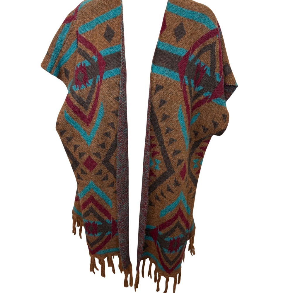 Savanna Jane Womens Southwestern Geometric Fringe Poncho Cardigan Brown‎ S/M